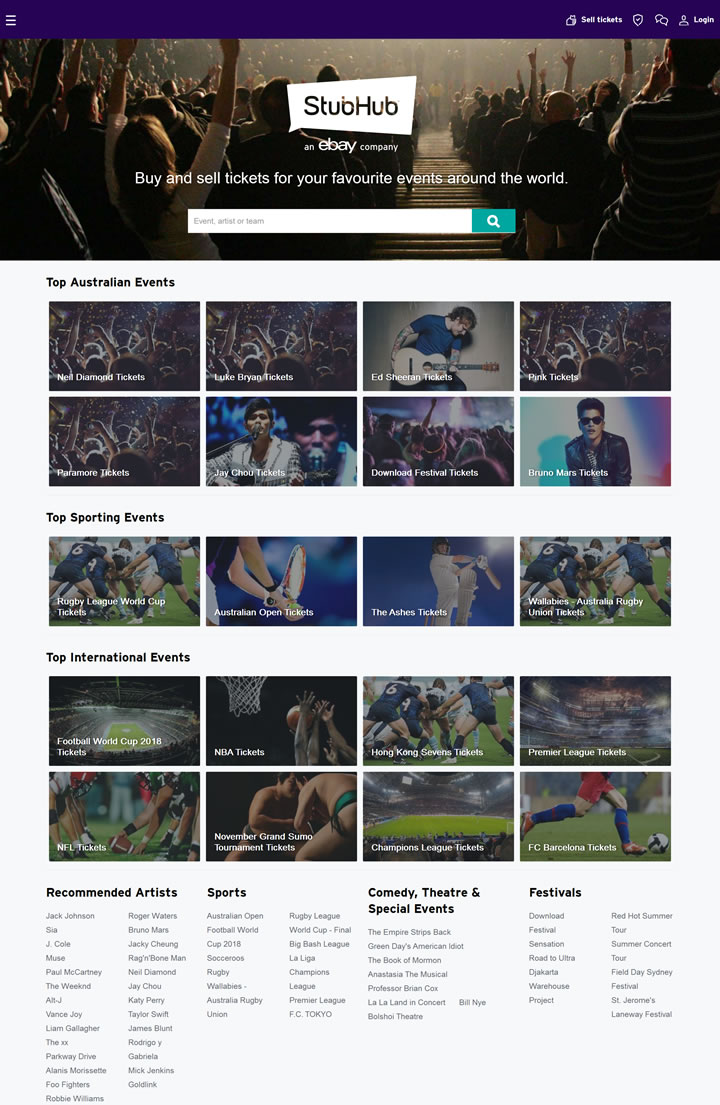 StubHub澳大利亚：购买或出售您的门票