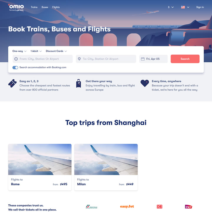Omio美国：全欧洲低价大巴、火车和航班搜索和比价