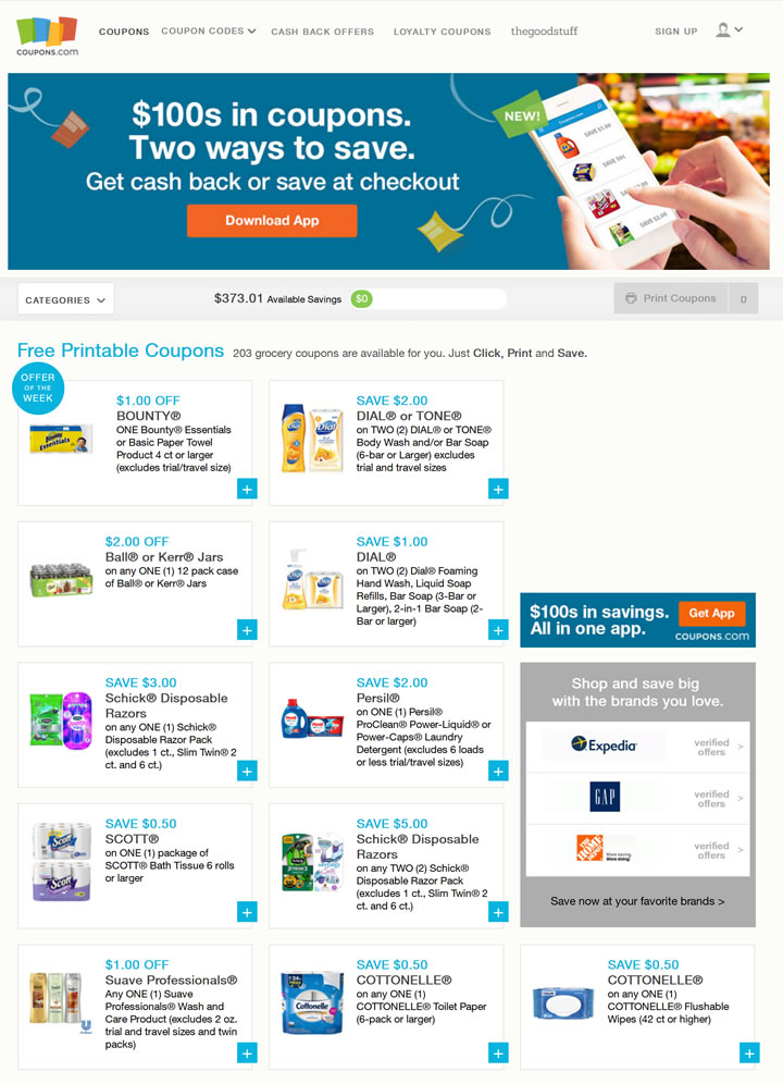 可打印的优惠券、杂货和优惠券代码：Coupons.com